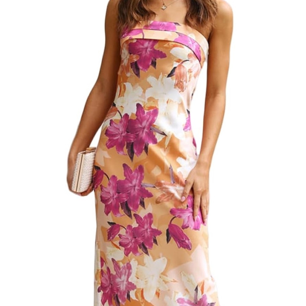 Floral Strapless Dress - Pink and Orange